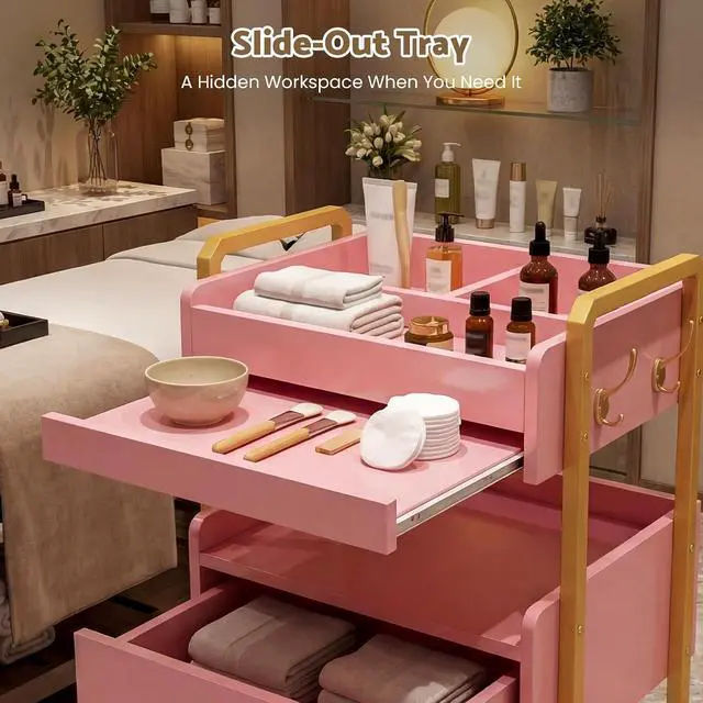 Alt view image 5 of 7 - Salon Spa Cart with Wheels & Drawer, 3-Tier Rolling Beauty Storage Cart with Slide-Out Tray, Mobile Salon Cart for Esthetician, Beauty Salon and Spa Use (Pink)