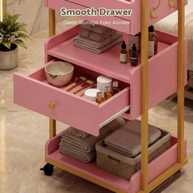 Alt view image 6 of 7 - Salon Spa Cart with Wheels & Drawer, 3-Tier Rolling Beauty Storage Cart with Slide-Out Tray, Mobile Salon Cart for Esthetician, Beauty Salon and Spa Use (Pink)