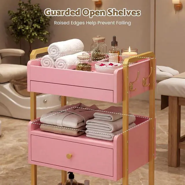 Alt view image 7 of 7 - Salon Spa Cart with Wheels & Drawer, 3-Tier Rolling Beauty Storage Cart with Slide-Out Tray, Mobile Salon Cart for Esthetician, Beauty Salon and Spa Use (Pink)