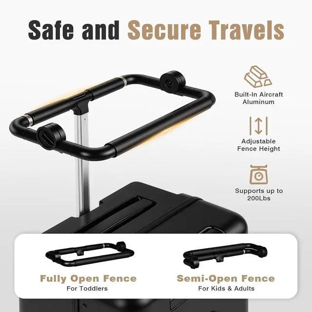 Alt view image 3 of 7 - 20" Kids Ride on Suitcase with Adjustable Seat, Hardside Carry on Travel Suitcase with Spinner Wheels, TSA Lock, Cup & Tablet Holder(Black with Fence)