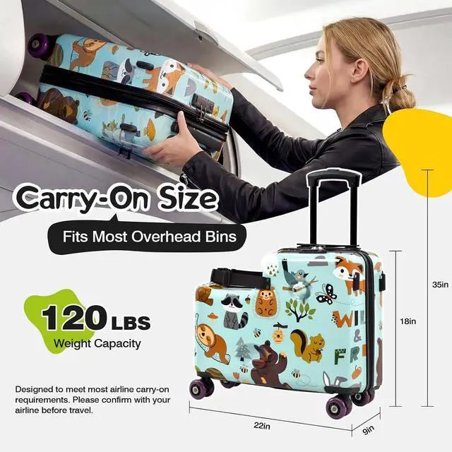 Alt view image 7 of 7 - 20" Kids Ride On Suitcase, Lightweight Hardshell Travel Luggage with Wheels | Child Safety Design, Built-In Safety Belt, Stable Footrest, 360° Spinner Wheels, TSA Lock, Cute Pattern, Organized Storage