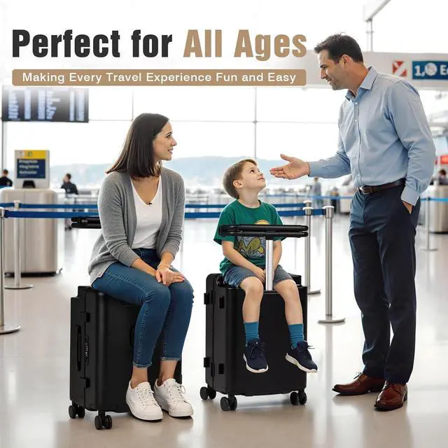 Alt view image 2 of 7 - 20" Kids Ride on Suitcase with Adjustable Seat, Hardside Carry on Travel Suitcase with Spinner Wheels, TSA Lock, Cup & Tablet Holder(Black with Fence)