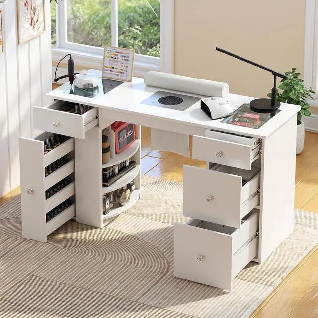 Main image of Manicure Table for Nail Tech with Glass Top, Visible Drawers & Trash Bag Holder, Acetone-Resistant Manicure Nail Desk, Beauty Salon Workstation with Wrist Rest & Electric Dust Collector (White)