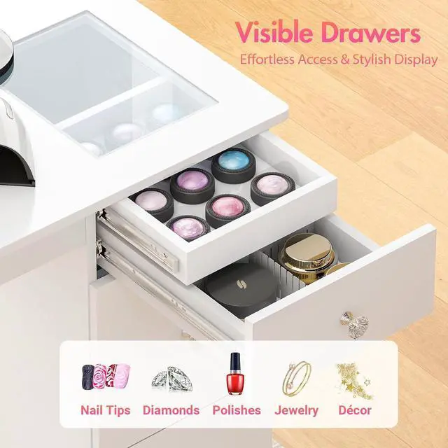 Alt view image 3 of 7 - Manicure Table for Nail Tech with Glass Top, Visible Drawers & Trash Bag Holder, Acetone-Resistant Manicure Nail Desk, Beauty Salon Workstation with Wrist Rest & Electric Dust Collector (White)