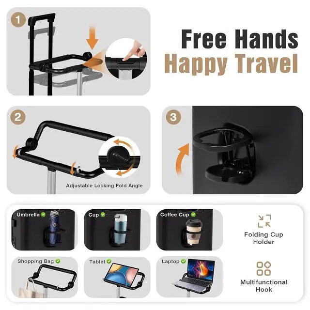 Alt view image 5 of 7 - 20" Kids Ride on Suitcase with Adjustable Seat, Hardside Carry on Travel Suitcase with Spinner Wheels, TSA Lock, Cup & Tablet Holder(Black with Fence)