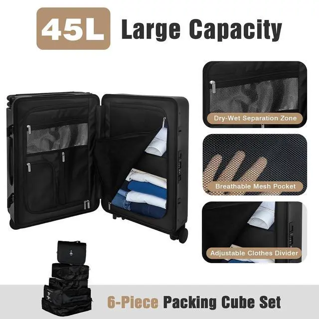 Alt view image 6 of 7 - 20" Kids Ride on Suitcase with Adjustable Seat, Hardside Carry on Travel Suitcase with Spinner Wheels, TSA Lock, Cup & Tablet Holder(Black with Fence)