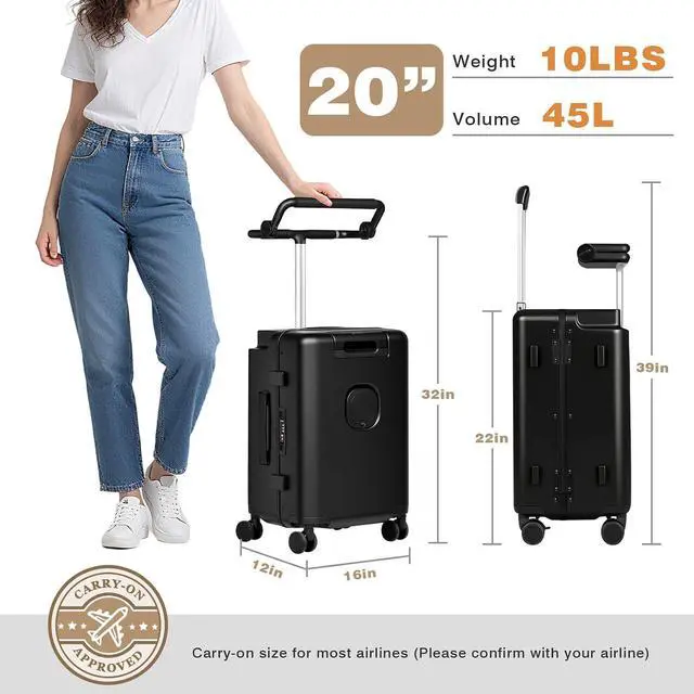 Alt view image 7 of 7 - 20" Kids Ride on Suitcase with Adjustable Seat, Hardside Carry on Travel Suitcase with Spinner Wheels, TSA Lock, Cup & Tablet Holder(Black with Fence)