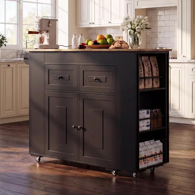 Alt view image 3 of 7 - Extendable Kitchen Island with Storage & Built-in Power Outlet (Black) | 47"-72" Extendable Tabletop, Adjustable Shelf, Lockable Rolling Casters, Open Storage Rack