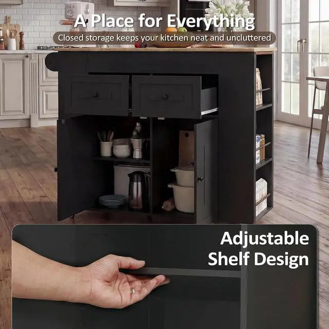 Alt view image 5 of 7 - Extendable Kitchen Island with Storage & Built-in Power Outlet (Black) | 47"-72" Extendable Tabletop, Adjustable Shelf, Lockable Rolling Casters, Open Storage Rack