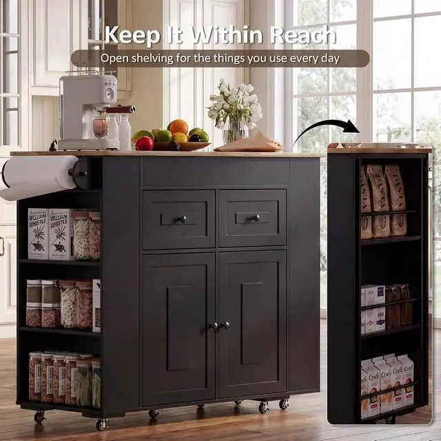 Alt view image 7 of 7 - Extendable Kitchen Island with Storage & Built-in Power Outlet (Black) | 47"-72" Extendable Tabletop, Adjustable Shelf, Lockable Rolling Casters, Open Storage Rack