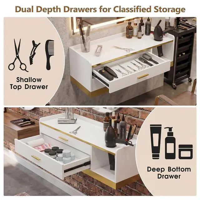 Alt view image 3 of 7 - 39.4" Wall Mount Salon Stations for Hair Stylist, Professional Floating Barber Desk with Gold Accent, 2 Drawers & 3 Tool Holders, Styling Station with Storage for Barbershop, Beauty & Spa, White