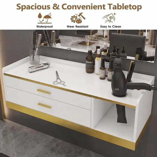 Alt view image 5 of 7 - 39.4" Wall Mount Salon Stations for Hair Stylist, Professional Floating Barber Desk with Gold Accent, 2 Drawers & 3 Tool Holders, Styling Station with Storage for Barbershop, Beauty & Spa, White