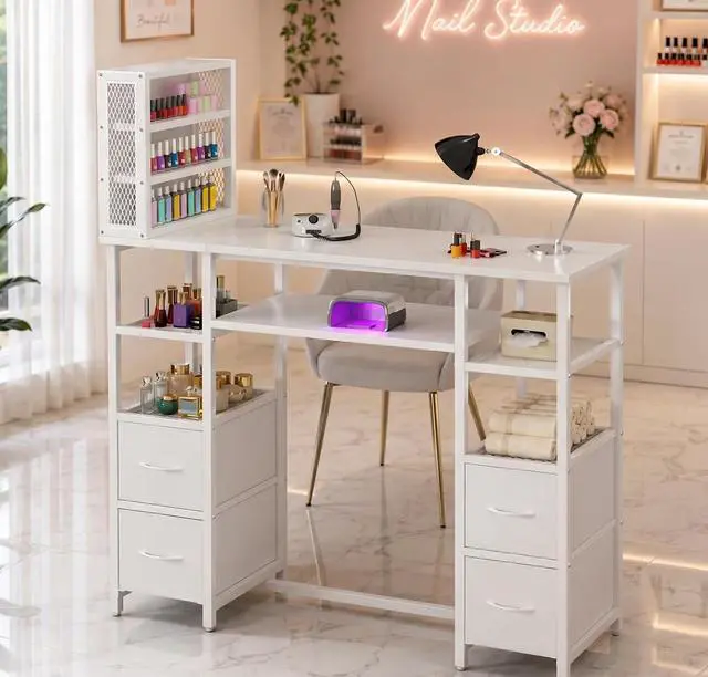 Main image of Manicure Table Nail Desk, Double Tabletop Manicure Desk for Nail Tech, Professional Nail Station w/ 3-Tier Storage Rack, 4 Drawers & Open Shelves, for Beauty, Salon, Spa & Home, White