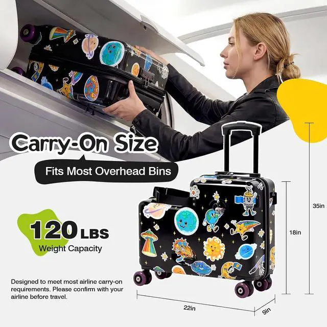 Alt view image 7 of 7 - 20" Kids Ride On Suitcase, Lightweight Hardshell Travel Luggage with Wheels | Child Safety Design, Built-In Safety Belt, Stable Footrest, 360° Spinner Wheels, TSA Lock, Cute Pattern, Organized Storage