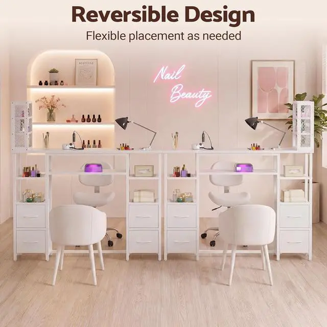 Alt view image 6 of 7 - Manicure Table Nail Desk, Double Tabletop Manicure Desk for Nail Tech, Professional Nail Station w/ 3-Tier Storage Rack, 4 Drawers & Open Shelves, for Beauty, Salon, Spa & Home, White