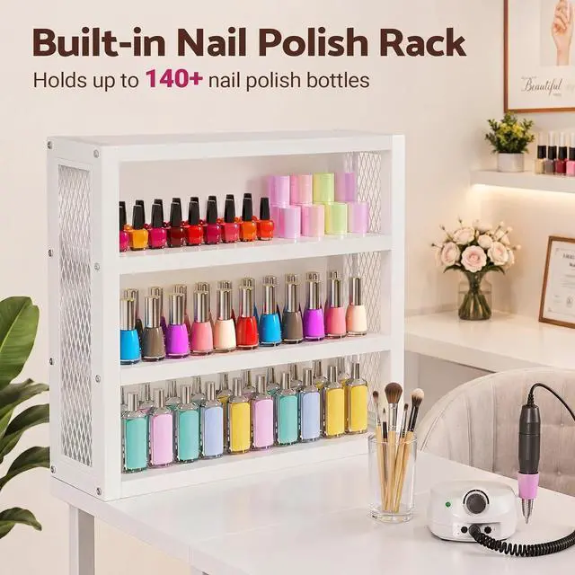 Alt view image 3 of 7 - Manicure Table Nail Desk, Double Tabletop Manicure Desk for Nail Tech, Professional Nail Station w/ 3-Tier Storage Rack, 4 Drawers & Open Shelves, for Beauty, Salon, Spa & Home, White