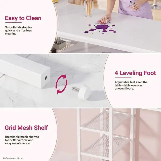 Alt view image 7 of 7 - Manicure Table Nail Desk, Double Tabletop Manicure Desk for Nail Tech, Professional Nail Station w/ 3-Tier Storage Rack, 4 Drawers & Open Shelves, for Beauty, Salon, Spa & Home, White