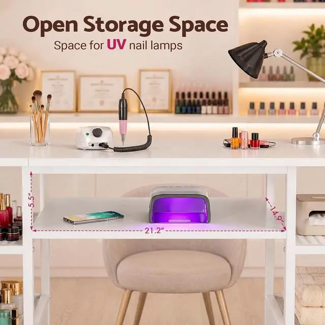 Alt view image 4 of 7 - Manicure Table Nail Desk, Double Tabletop Manicure Desk for Nail Tech, Professional Nail Station w/ 3-Tier Storage Rack, 4 Drawers & Open Shelves, for Beauty, Salon, Spa & Home, White
