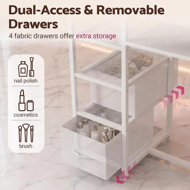 Alt view image 5 of 7 - Manicure Table Nail Desk, Double Tabletop Manicure Desk for Nail Tech, Professional Nail Station w/ 3-Tier Storage Rack, 4 Drawers & Open Shelves, for Beauty, Salon, Spa & Home, White