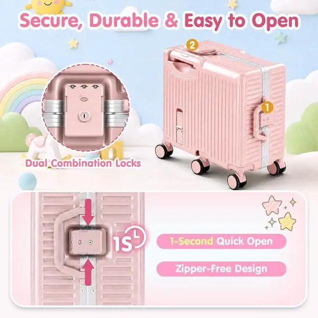 Alt view image 7 of 7 - Kids Ride-On Luggage, 20" Aluminum Frame Carry-On with 6 Wheels (Pink) | Premium Construction, 200 lb Capacity, Foldable Footrest, Dual Locks, Easy-Lift Handles & Utility Hook for Family Travel
