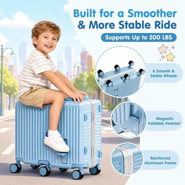 Alt view image 2 of 7 - Kids Ride-On Luggage, 20" Aluminum Frame Carry-On with 6 Wheels (Blue) | Premium Construction, 200 lb Capacity, Foldable Footrest, Dual Locks, Easy-Lift Handles & Utility Hook for Family Travel