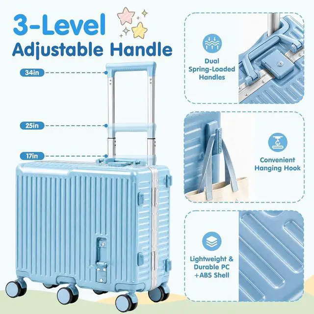 Alt view image 4 of 7 - Kids Ride-On Luggage, 20" Aluminum Frame Carry-On with 6 Wheels (Blue) | Premium Construction, 200 lb Capacity, Foldable Footrest, Dual Locks, Easy-Lift Handles & Utility Hook for Family Travel