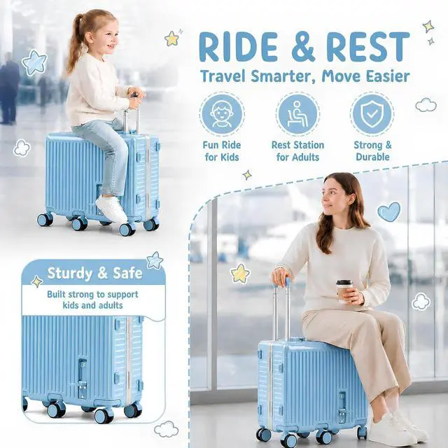 Alt view image 6 of 7 - Kids Ride-On Luggage, 20" Aluminum Frame Carry-On with 6 Wheels (Blue) | Premium Construction, 200 lb Capacity, Foldable Footrest, Dual Locks, Easy-Lift Handles & Utility Hook for Family Travel