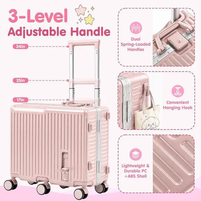 Alt view image 6 of 7 - Kids Ride-On Luggage, 20" Aluminum Frame Carry-On with 6 Wheels (Pink) | Premium Construction, 200 lb Capacity, Foldable Footrest, Dual Locks, Easy-Lift Handles & Utility Hook for Family Travel