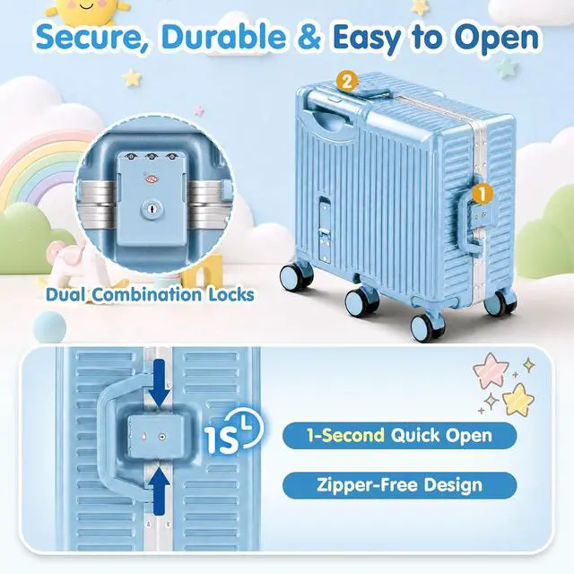 Alt view image 7 of 7 - Kids Ride-On Luggage, 20" Aluminum Frame Carry-On with 6 Wheels (Blue) | Premium Construction, 200 lb Capacity, Foldable Footrest, Dual Locks, Easy-Lift Handles & Utility Hook for Family Travel