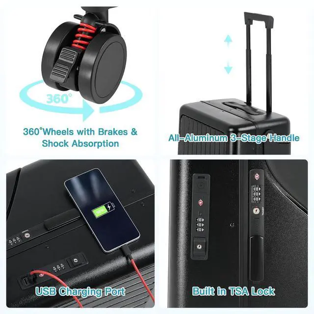 Alt view image 3 of 7 - 20" Carry On Luggage with Seat For Kids & AdultsHardside Ride On Suitcase Front Opening with 360°Spinner and TSA Lock For Travel (Black with Front Open, 20")
