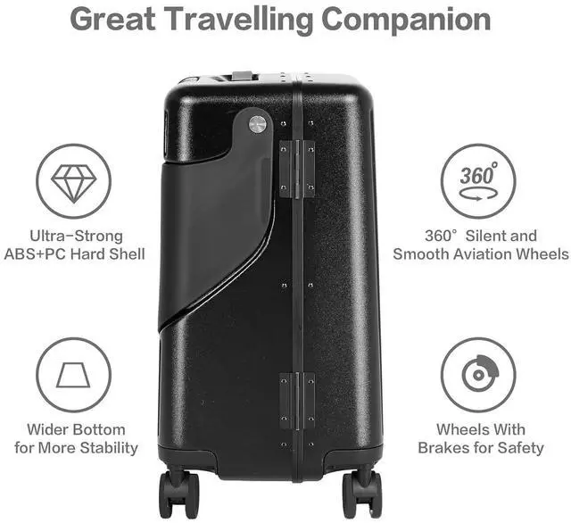 Alt view image 4 of 7 - 20" Carry On Luggage with Seat For Kids & AdultsHardside Ride On Suitcase Front Opening with 360°Spinner and TSA Lock For Travel (Black with Front Open, 20")