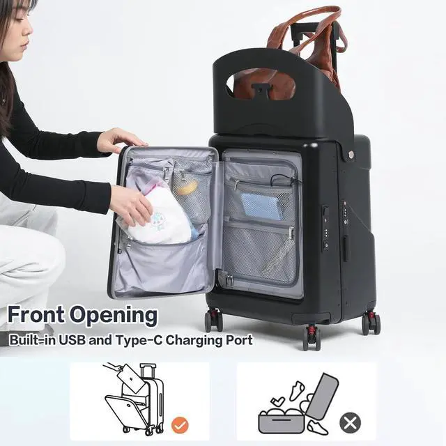 Alt view image 2 of 7 - 20" Carry On Luggage with Seat For Kids & AdultsHardside Ride On Suitcase Front Opening with 360°Spinner and TSA Lock For Travel (Black with Front Open, 20")