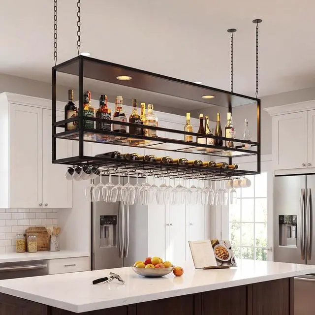 Alt view image 5 of 7 - 55" Industrial Ceiling Wine Rack with LED, 3-Tier Ceiling Shelf with Wine Glass Holder and Acrylic Shelf, Hanging Wine Rack with Cup Holder for Bar, Home, Cafe (3pcs)