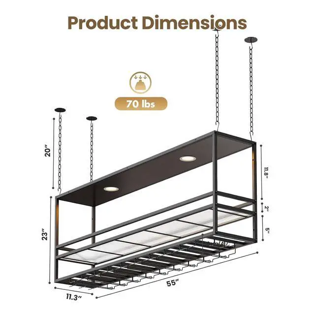 Alt view image 2 of 7 - 55" Industrial Ceiling Wine Rack with LED, 3-Tier Ceiling Shelf with Wine Glass Holder and Acrylic Shelf, Hanging Wine Rack with Cup Holder for Bar, Home, Cafe (3pcs)