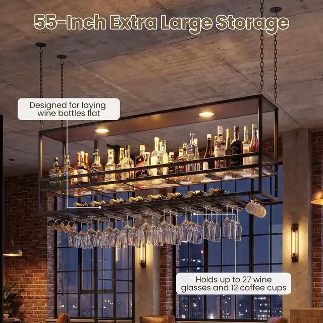 Alt view image 3 of 7 - 55" Industrial Ceiling Wine Rack with LED, 3-Tier Ceiling Shelf with Wine Glass Holder and Acrylic Shelf, Hanging Wine Rack with Cup Holder for Bar, Home, Cafe (3pcs)