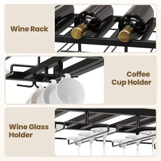 Alt view image 4 of 7 - 55" Industrial Ceiling Wine Rack with LED, 3-Tier Ceiling Shelf with Wine Glass Holder and Acrylic Shelf, Hanging Wine Rack with Cup Holder for Bar, Home, Cafe (3pcs)