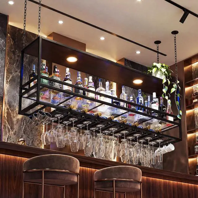 Alt view image 7 of 7 - 55" Industrial Ceiling Wine Rack with LED, 3-Tier Ceiling Shelf with Wine Glass Holder and Acrylic Shelf, Hanging Wine Rack with Cup Holder for Bar, Home, Cafe (3pcs)
