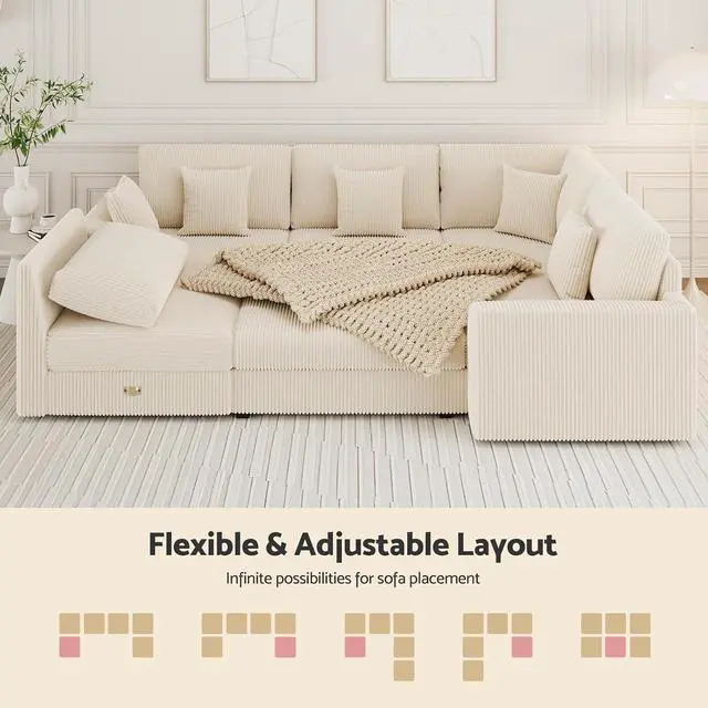 Alt view image 5 of 7 - 146" Modular Sectional Sofa, 6-Piece U-Shaped Couch with Ottoman | Oversized Deep Seating, Converts to Sofa Bed, Solid Wood Frame, Soft Corduroy Fabric, Tool-Free Assembly