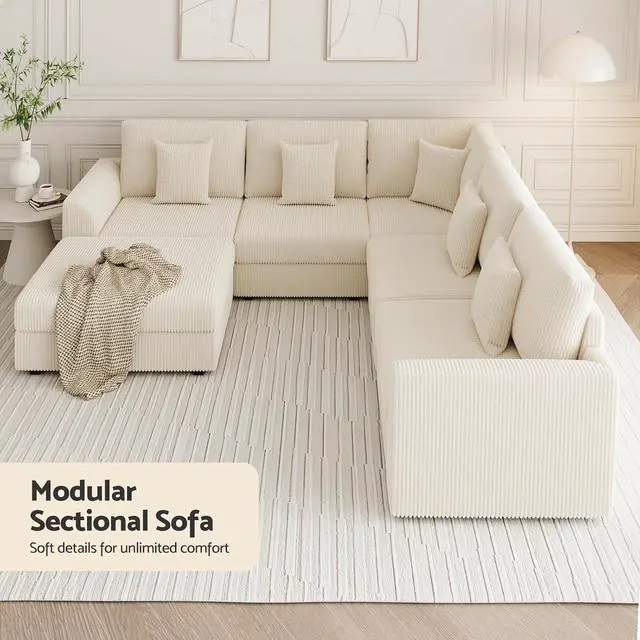 Alt view image 6 of 7 - 146" Modular Sectional Sofa, 6-Piece U-Shaped Couch with Ottoman | Oversized Deep Seating, Converts to Sofa Bed, Solid Wood Frame, Soft Corduroy Fabric, Tool-Free Assembly