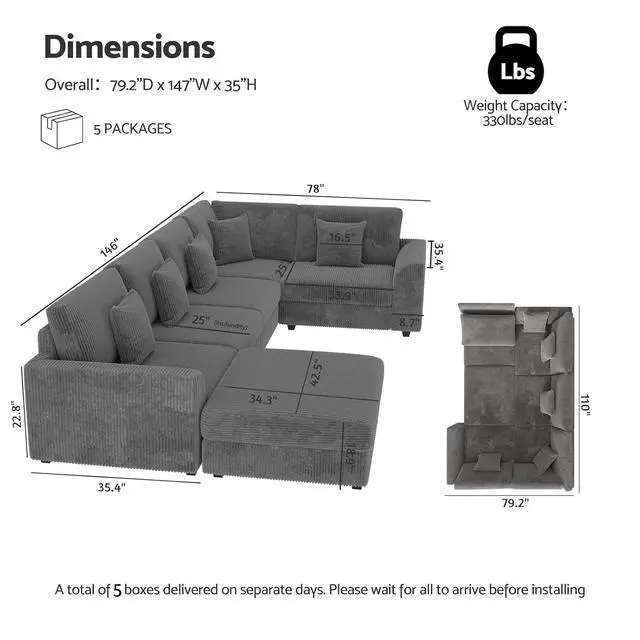 Alt view image 2 of 7 - 146" Modular Sectional Sofa, 6-Piece U-Shaped Couch with Ottoman | Oversized Deep Seating, Converts to Sofa Bed, Solid Wood Frame, Soft Corduroy Fabric, Tool-Free Assembly