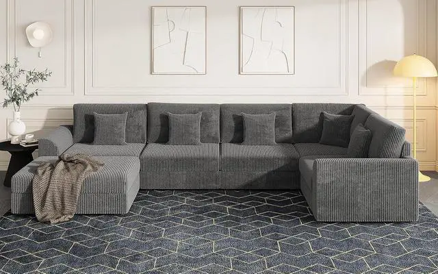 Alt view image 4 of 7 - 146" Modular Sectional Sofa, 6-Piece U-Shaped Couch with Ottoman | Oversized Deep Seating, Converts to Sofa Bed, Solid Wood Frame, Soft Corduroy Fabric, Tool-Free Assembly