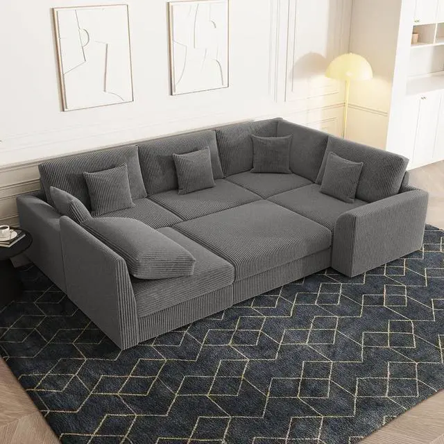 Alt view image 3 of 7 - 146" Modular Sectional Sofa, 6-Piece U-Shaped Couch with Ottoman | Oversized Deep Seating, Converts to Sofa Bed, Solid Wood Frame, Soft Corduroy Fabric, Tool-Free Assembly