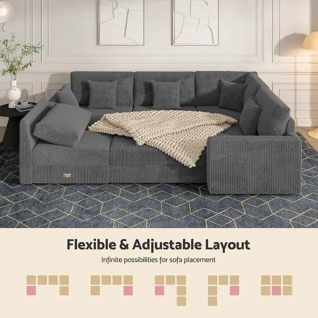 Alt view image 5 of 7 - 146" Modular Sectional Sofa, 6-Piece U-Shaped Couch with Ottoman | Oversized Deep Seating, Converts to Sofa Bed, Solid Wood Frame, Soft Corduroy Fabric, Tool-Free Assembly