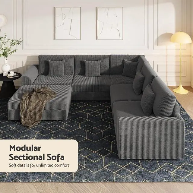 Alt view image 6 of 7 - 146" Modular Sectional Sofa, 6-Piece U-Shaped Couch with Ottoman | Oversized Deep Seating, Converts to Sofa Bed, Solid Wood Frame, Soft Corduroy Fabric, Tool-Free Assembly