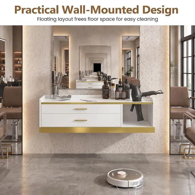 Alt view image 7 of 7 - 39.4" Wall Mount Salon Stations for Hair Stylist, Professional Floating Barber Desk with Gold Accent, 2 Drawers & 3 Tool Holders, Styling Station with Storage for Barbershop, Beauty & Spa, White
