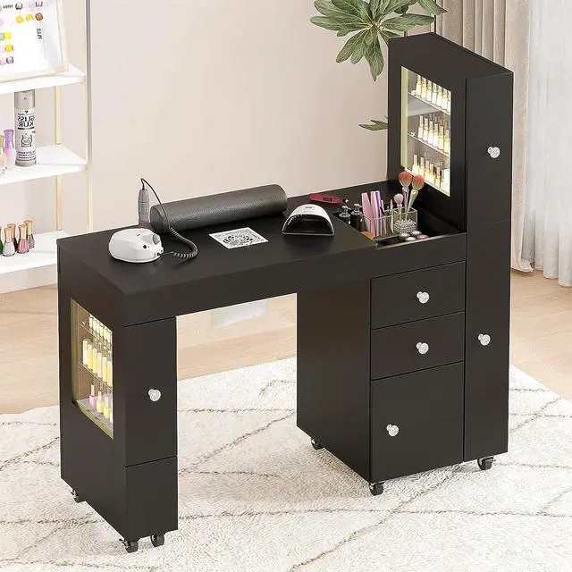 Alt view image 2 of 7 - Manicure Table with Dust Collector & LED Display Cabinet, Nail Desk for Nail Tech with Drawers, Storage, Lockable Wheels, Wrist Rest, Acetone-Resistant Nail Table for Salon & Home