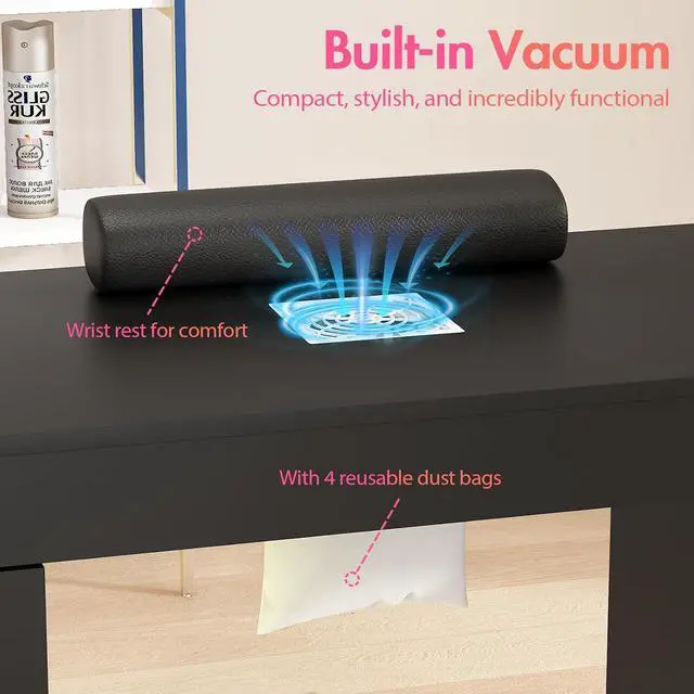 Alt view image 6 of 7 - Manicure Table with Dust Collector & LED Display Cabinet, Nail Desk for Nail Tech with Drawers, Storage, Lockable Wheels, Wrist Rest, Acetone-Resistant Nail Table for Salon & Home
