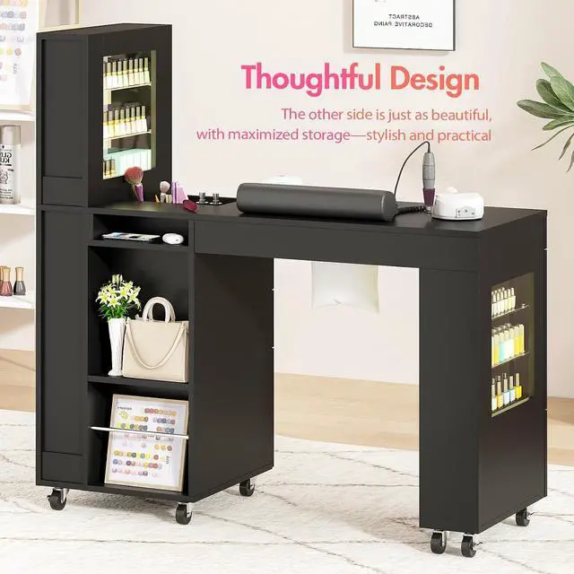 Alt view image 7 of 7 - Manicure Table with Dust Collector & LED Display Cabinet, Nail Desk for Nail Tech with Drawers, Storage, Lockable Wheels, Wrist Rest, Acetone-Resistant Nail Table for Salon & Home