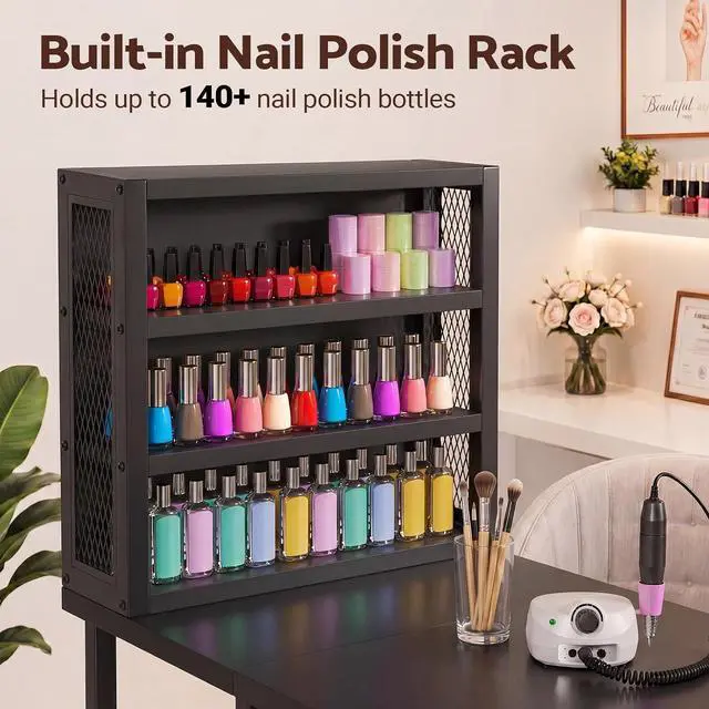 Alt view image 3 of 7 - Manicure Table Nail Desk, Double Tabletop Manicure Desk for Nail Tech, Professional Nail Station w/ 3-Tier Storage Rack, 4 Drawers & Open Shelves, for Beauty, Salon, Spa & Home, Black