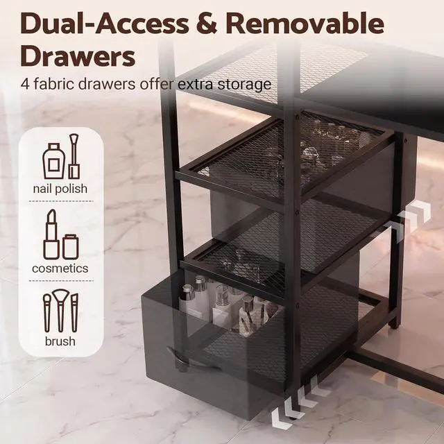 Alt view image 5 of 7 - Manicure Table Nail Desk, Double Tabletop Manicure Desk for Nail Tech, Professional Nail Station w/ 3-Tier Storage Rack, 4 Drawers & Open Shelves, for Beauty, Salon, Spa & Home, Black